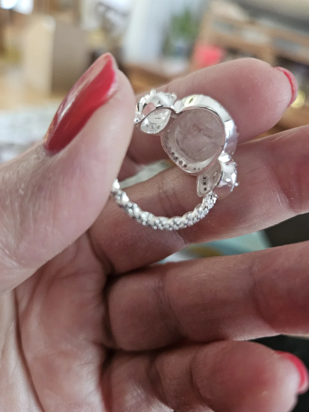 Bomb Party Silver-Tone White Oval Halo Ring with Side Stones - Sz 10